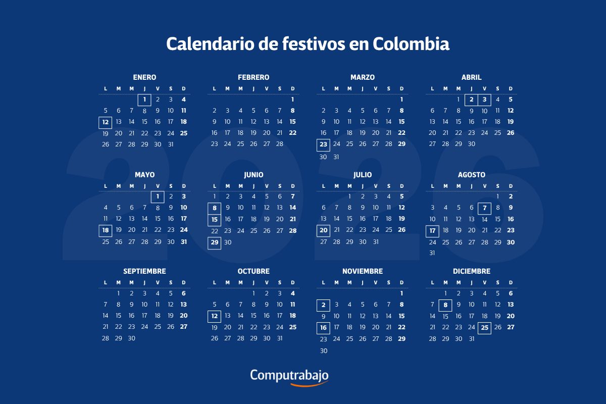 Calendario 2026 con festivos en Colombia